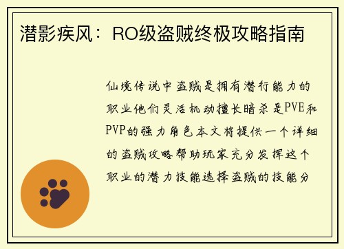潜影疾风：RO级盗贼终极攻略指南
