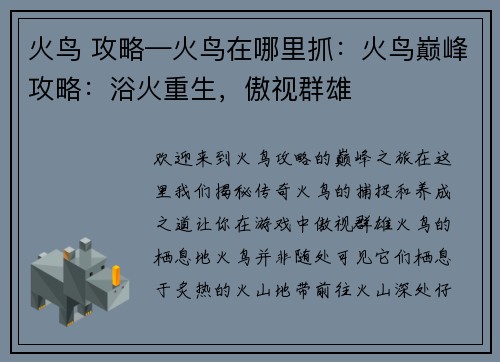 火鸟 攻略—火鸟在哪里抓：火鸟巅峰攻略：浴火重生，傲视群雄