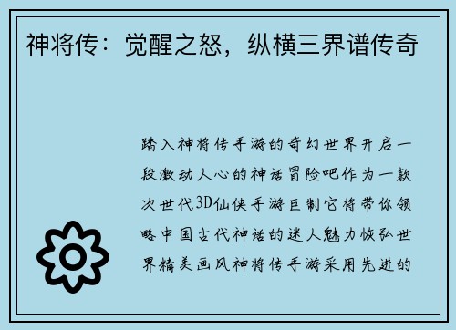 神将传：觉醒之怒，纵横三界谱传奇